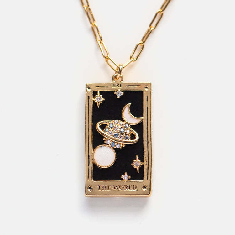 Collar de tarjeta de Tarot Retro de oro real chapado en cobre al por mayor con cuadrado de diamante